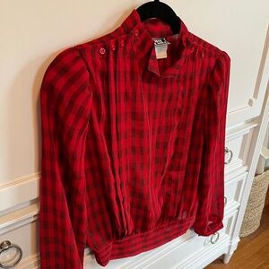 Vintage 80s Semi-Sheer Long Sleeved Blouse, Red & Black